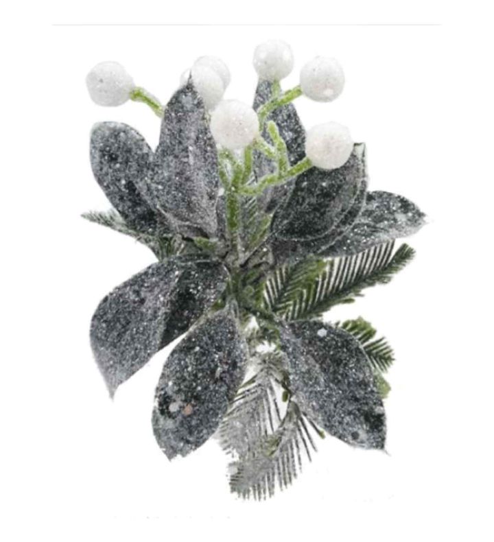 18cm Glittered Mistletoe Pick Green / White