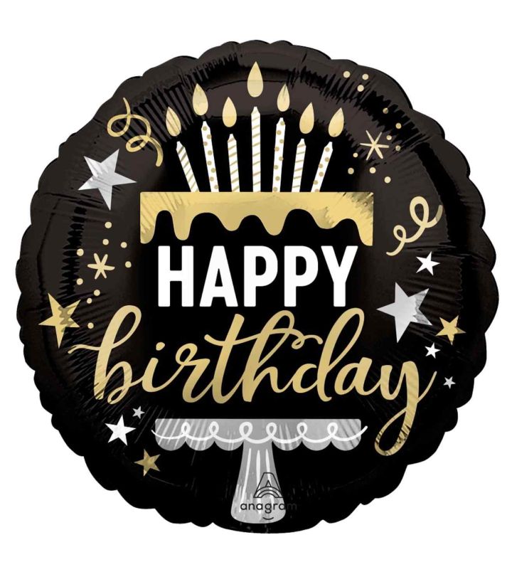 18" Happy Birthday Cake Black Round Foil Balloon