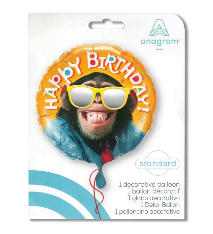 18" Happy Birthdy Smiling Chimp Anagram Foil Balloon