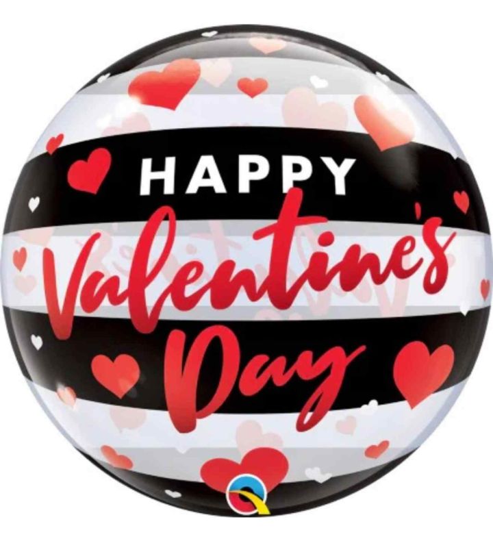 22" Happy Valentine's Day Black and Clear Stripe Bubbl Balloon