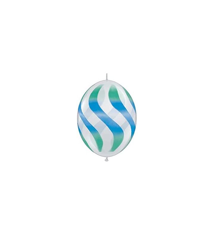 12" Wavy Stripes Quick Link Clear, Blue & Green Latex Balloons 50ct
