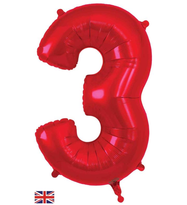 34" Red Number 3 Oaktree Foil Balloon