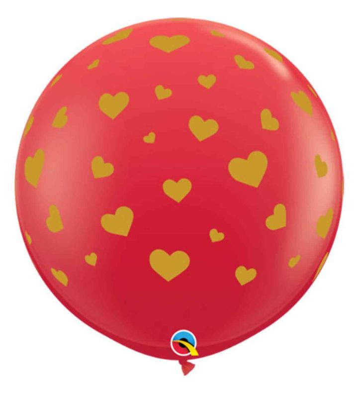 3ft Random Hearts Red/Gold Round Latex Balloon 2ct