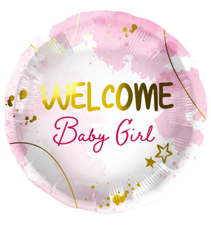 18" Welcome Baby Girl Pink & Gold Foil Balloon