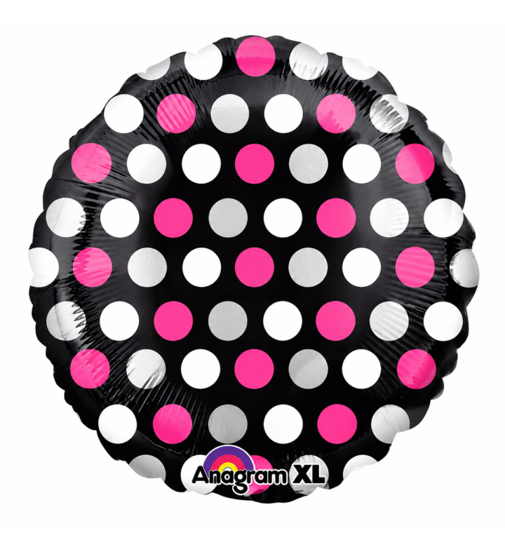 18" Anagram Round Black Pink Dots Unpackaged Foil Balloon