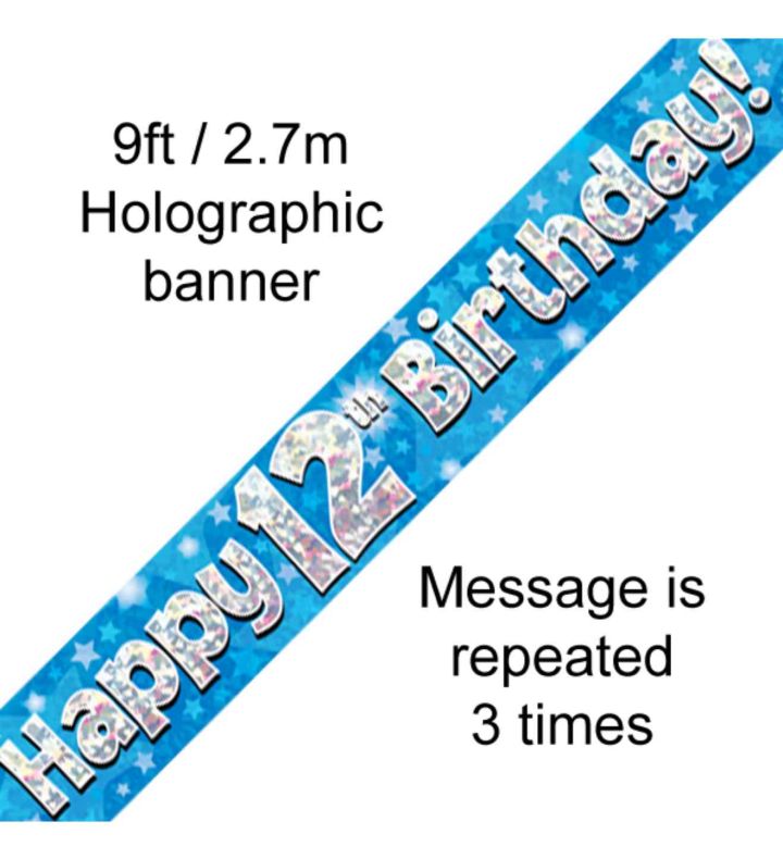 9ft Oaktree Happy 12th Birthday Blue Holo Banner