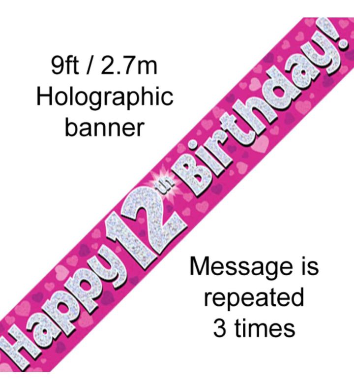 9ft Oaktree Happy 12th Birthday Pink Holo Banner