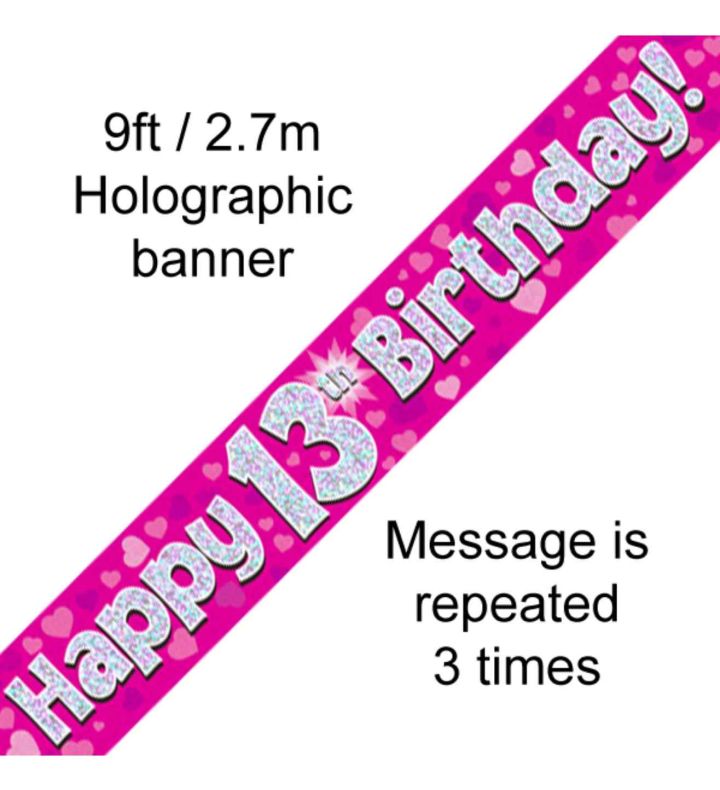 9ft Oaktree Happy 13th Birthday Pink Holo Banner