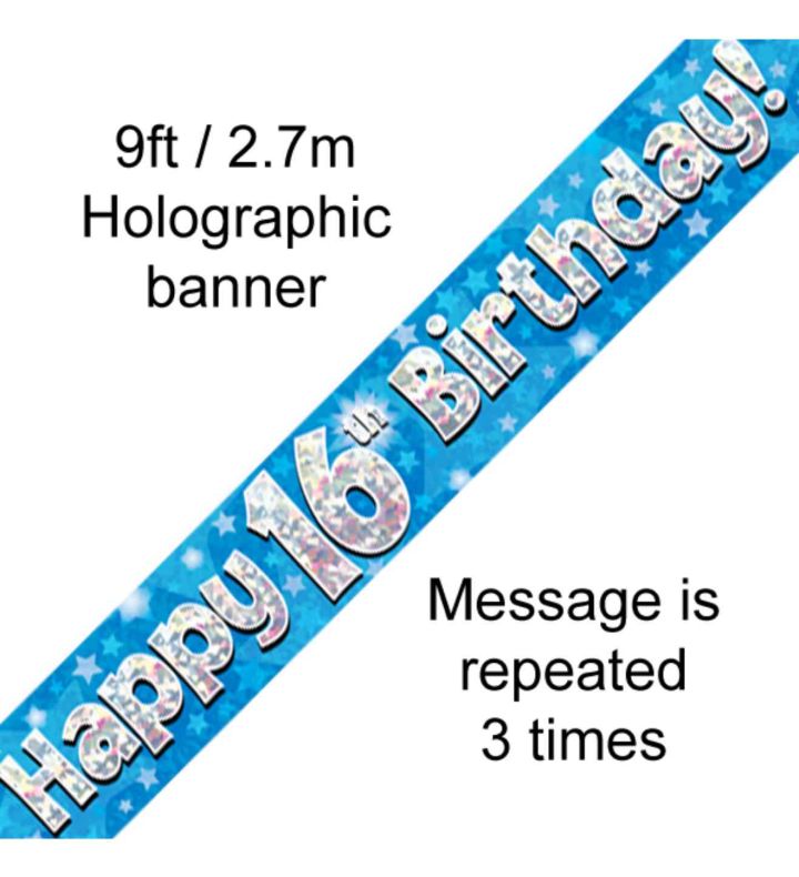 9ft Oaktree Happy 16th Birthday Blue Holo Banner