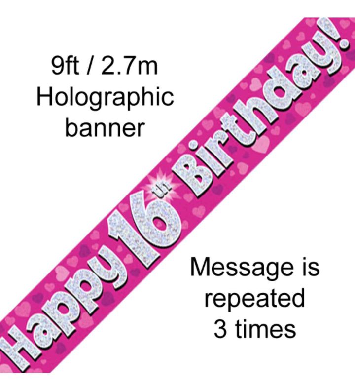 9ft Oaktree Happy 16th Birthday Pink Holo Banner