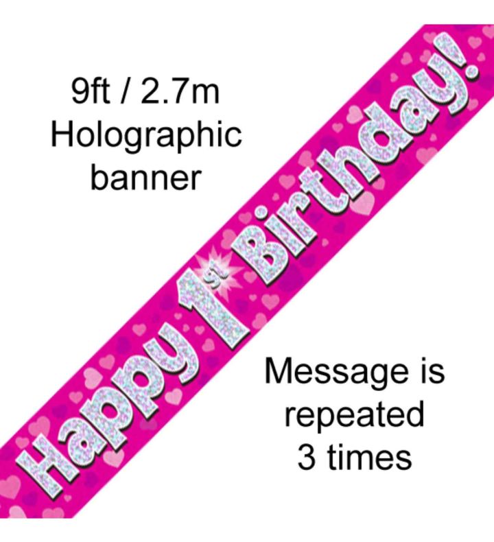 9ft Oaktree Happy 1st Birthday Pink Holo Banner
