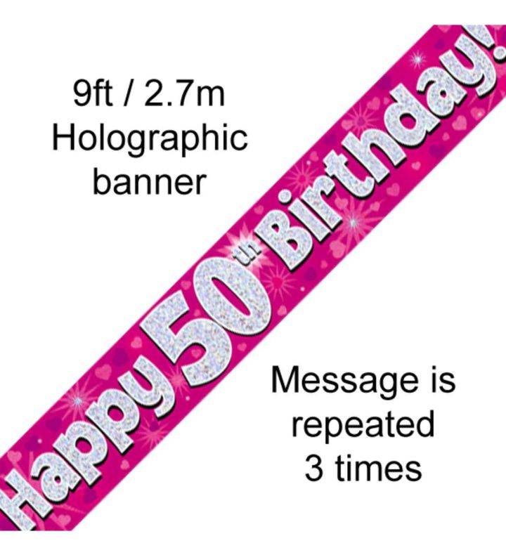 9ft Oaktree Happy 50th Birthday Pink Holo Banner