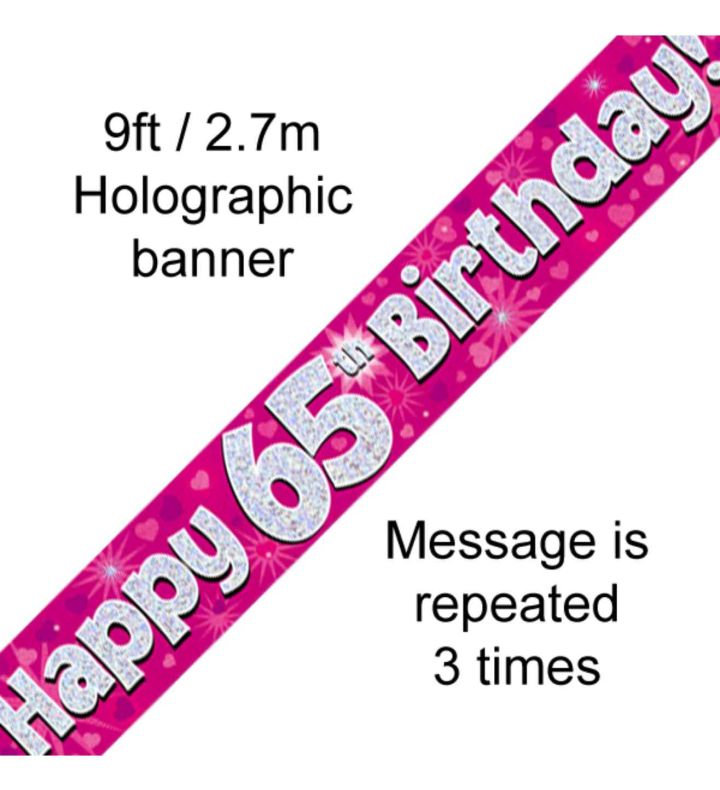 9ft Oaktree Happy 65th Birthday Pink Holo Banner