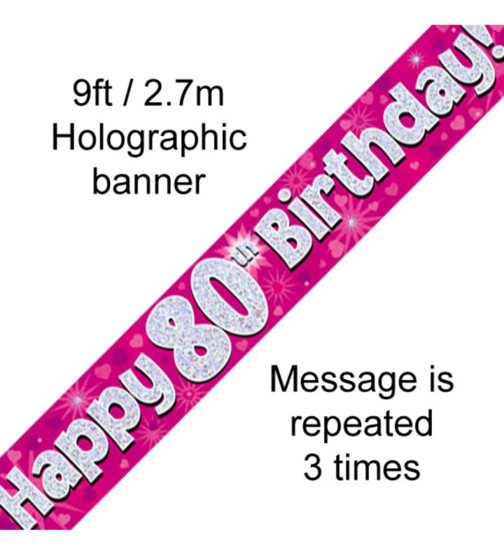 9ft Oaktree Happy 80th Birthday Pink Holo Banner