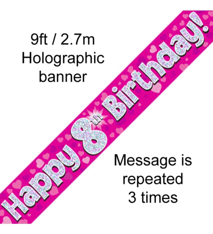 9ft Oaktree Happy 8th Birthday Pink Holo Banner