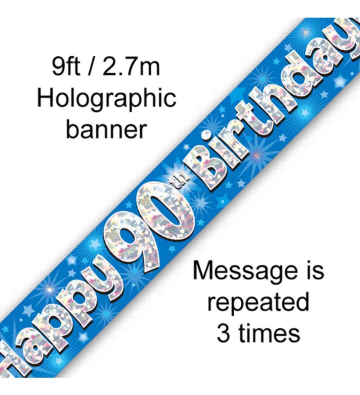 9ft Oaktree Happy 90th Birthday Blue Holo Banner