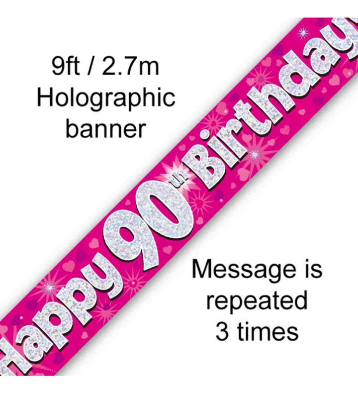 9ft Oaktree Happy 90th Birthday Pink Holo Banner