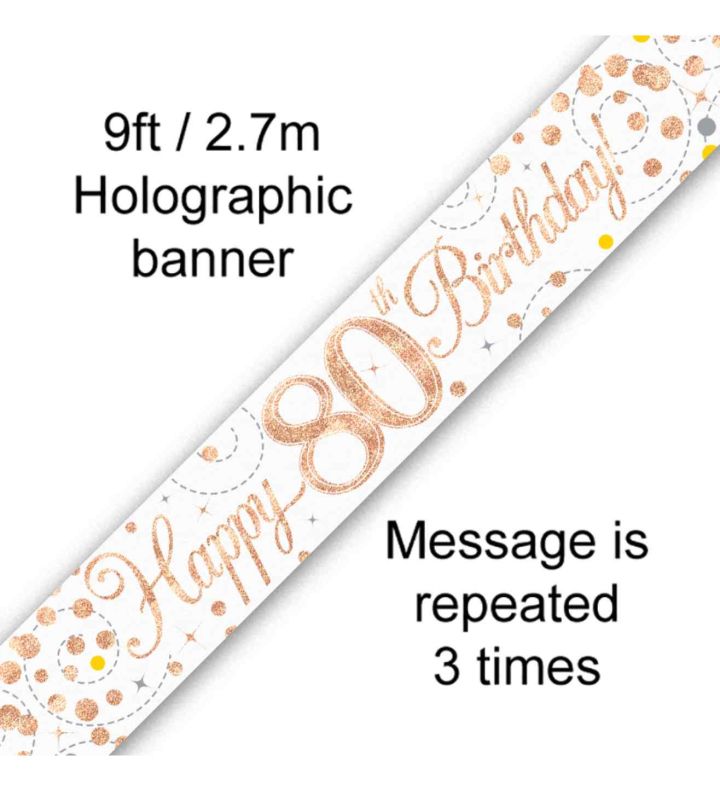 9ft Oaktree 'Happy 80th Birthday' White & Rose Gold Holo Banner