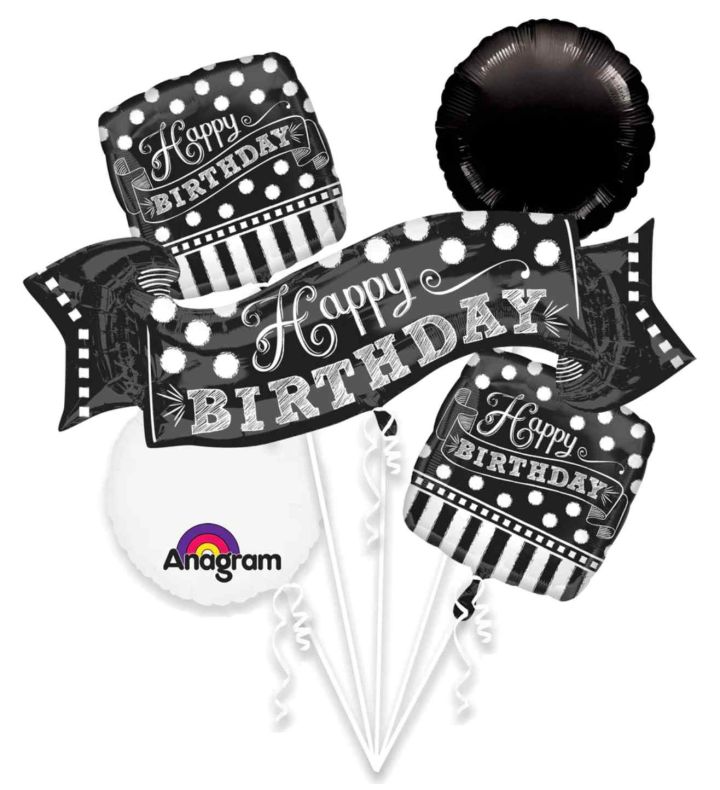 Black and White Happy Birthday Foil Balloon Bouquet