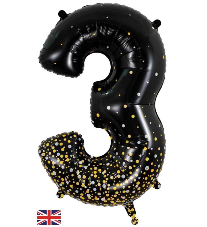 34" Oaktree Sparkling Fizz Black Gold Number 3 Foil Balloon