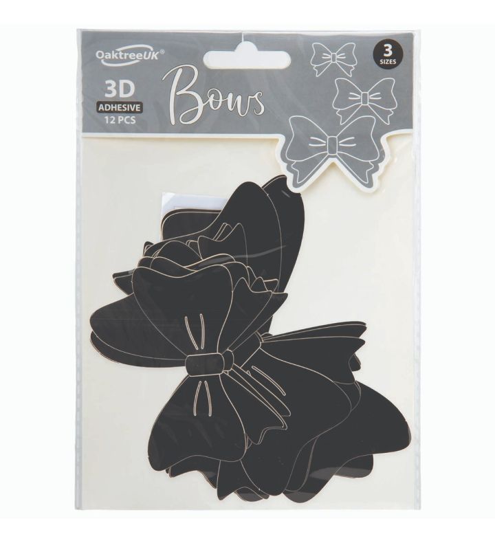 Bows 3D Black Self Adhesive 3 Sizes 12pcs