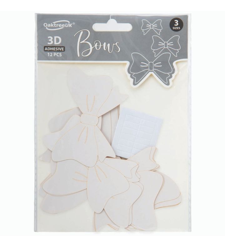 Bows 3D Pastel White Self Adhesive 3 sizes 12pcs
