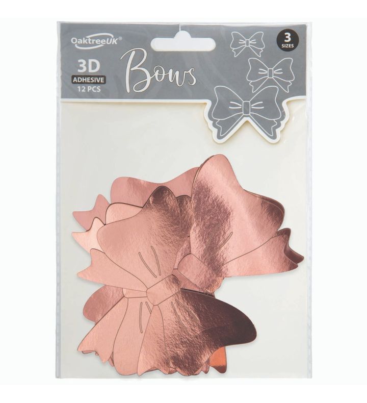 Bows 3D Rose Gold Self Adhesive 3 Sizes 12pcs