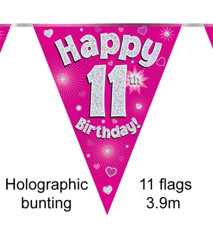3.9m Oaktree 'Happy 11th Birthday' Pink Bunting