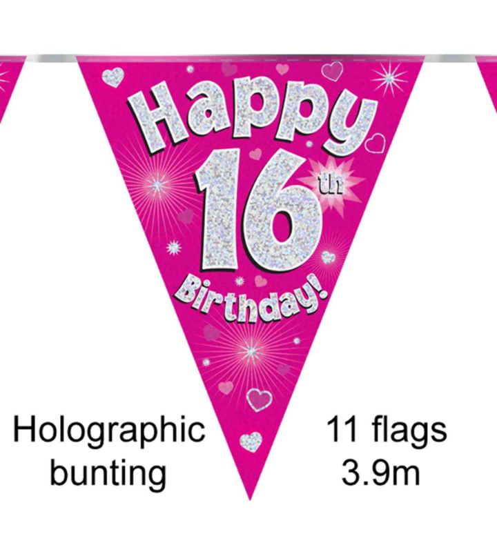 3.9m Oaktree 'Happy 16th Birthday' Pink Bunting