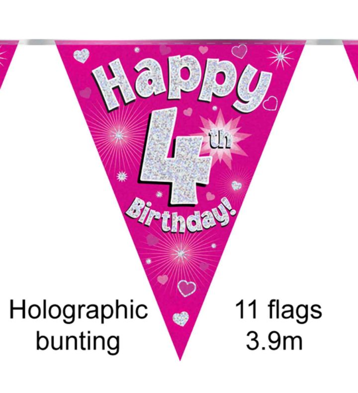 3.9m Oaktree 'Happy 4th Birthday' Pink Bunting