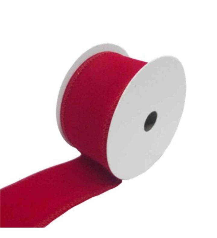 Christmas Velvet Effect Wired Edge Ribbon 63mm x 10yds Red