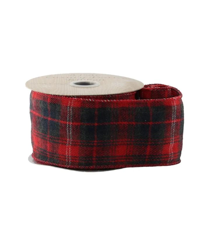 Red & Black Check Velvet Ribbon with Wired Edge 63mm x 10yds