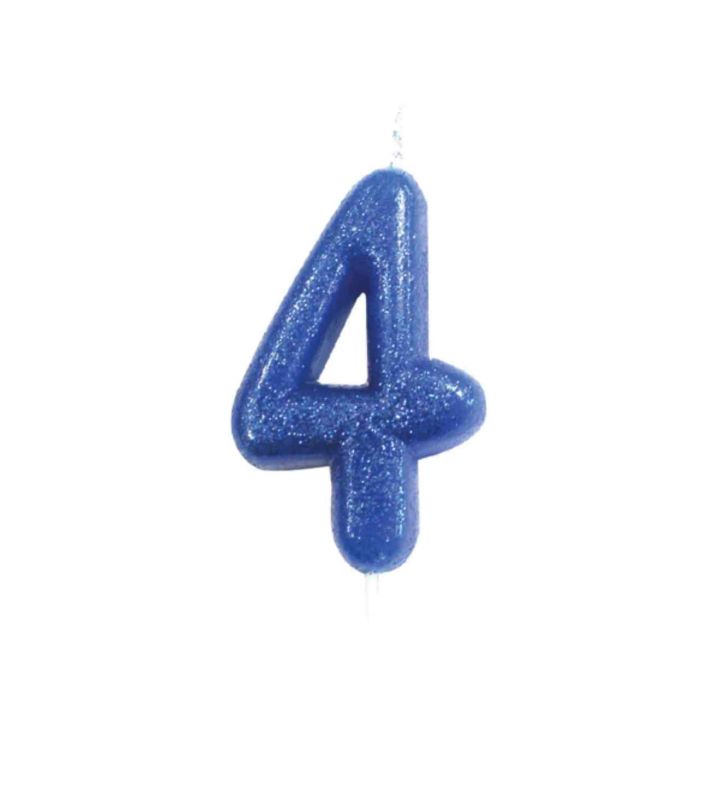 Number 4 Glitter Cake Candle Blue