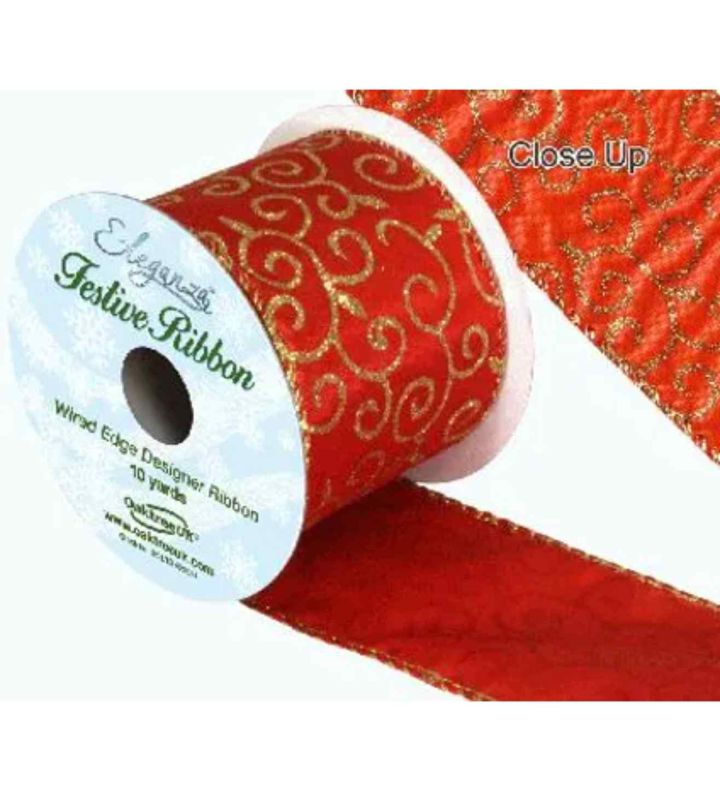 Satin Wired Edge Glitter Filigree Red 10yds x 63mm