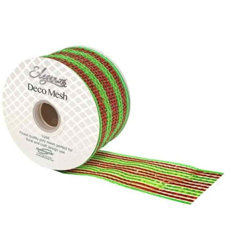 Deco Mesh Metallic Stripe 63mm x 10m Green Red Stripe
