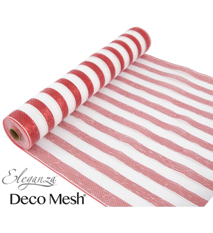 Eleganza Deco Mesh Metallic Stripe Red/White - 53cm x 9.1m
