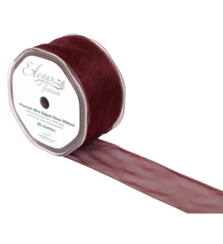 Eleganza Finesse Wire Edged Organza Ribbon Burgundy 50mm x 20m