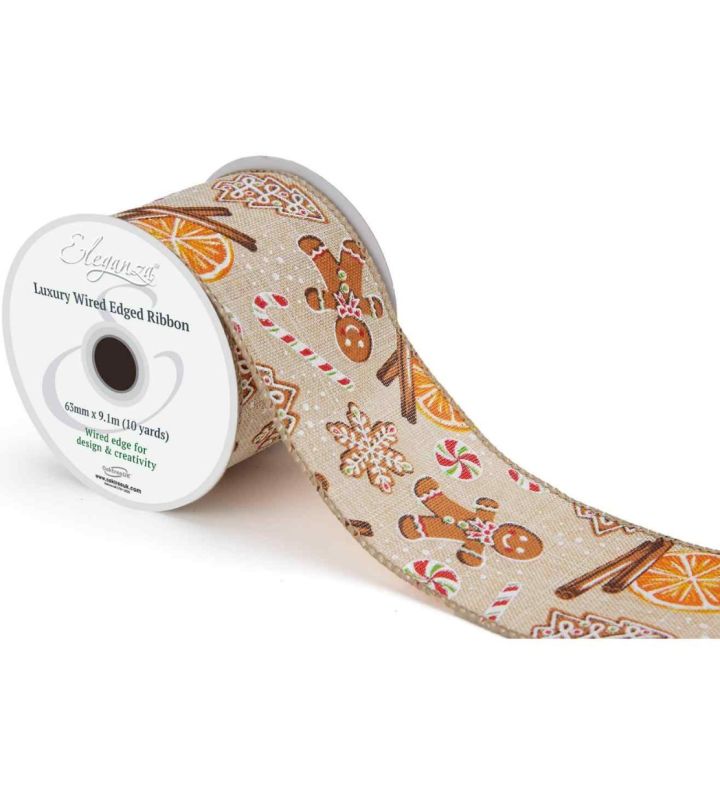 Eleganza Luxury Wired Edge Ribbon Christmas Burlap Gingerbread Man No.477 63mm x 9.1m