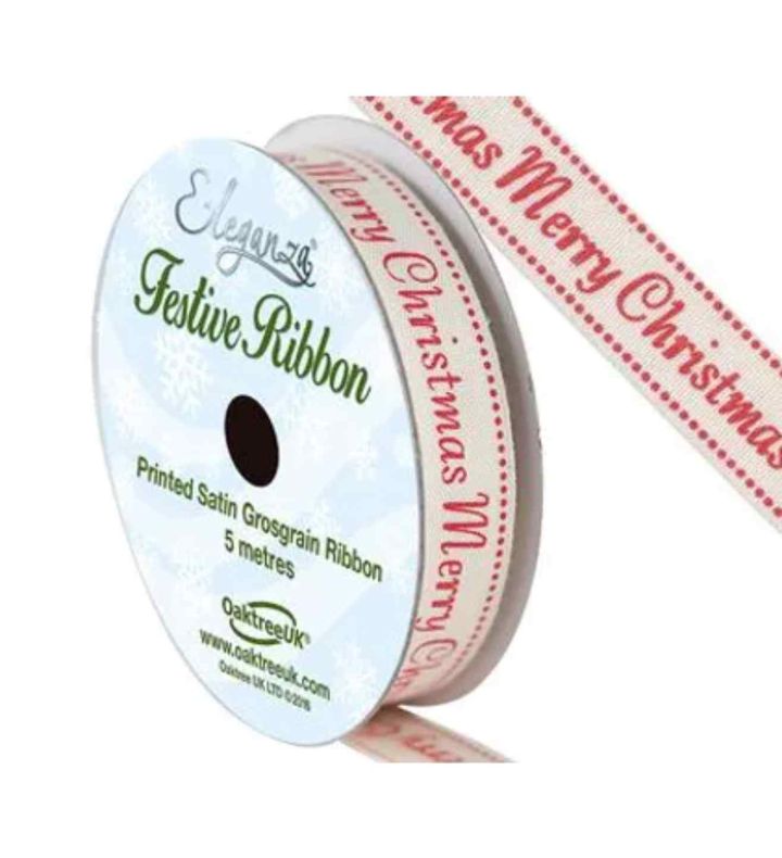 Printed Satin Grosgrain Mery Christmas Ribbon 15mm x 5m Red