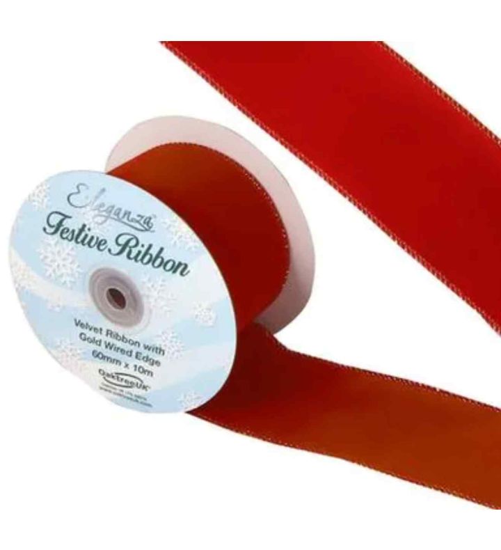 Eleganza Velvet Ribbon with Wired Edge Red 60mm x 10m