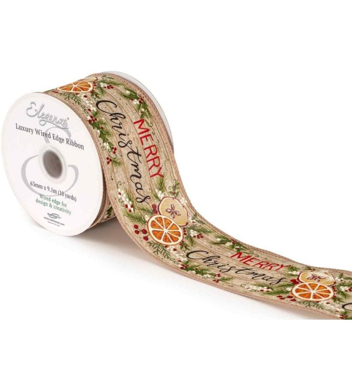 Eleganza Luxury Wired Edge Ribbon Merry Christmas Sliced Fruits No.431 63mm x 9.1m