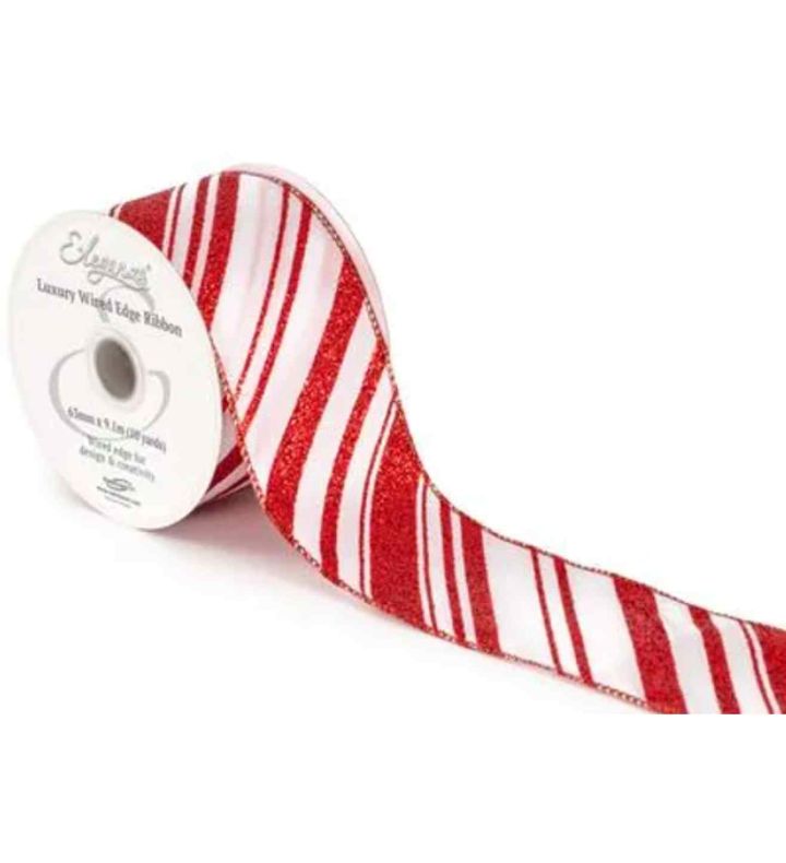 Eleganza Wired Edge Glitter Candy Cane Stripe Red / White 63mm x 9.1m