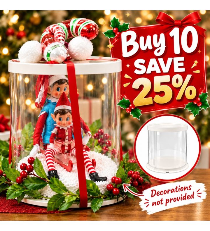 Clear Transparent Round Cake & Display Box with Lid & Base 26cm dia x 25cm high – Christmas Elf Arrival, Balloons & Gifts 10ct