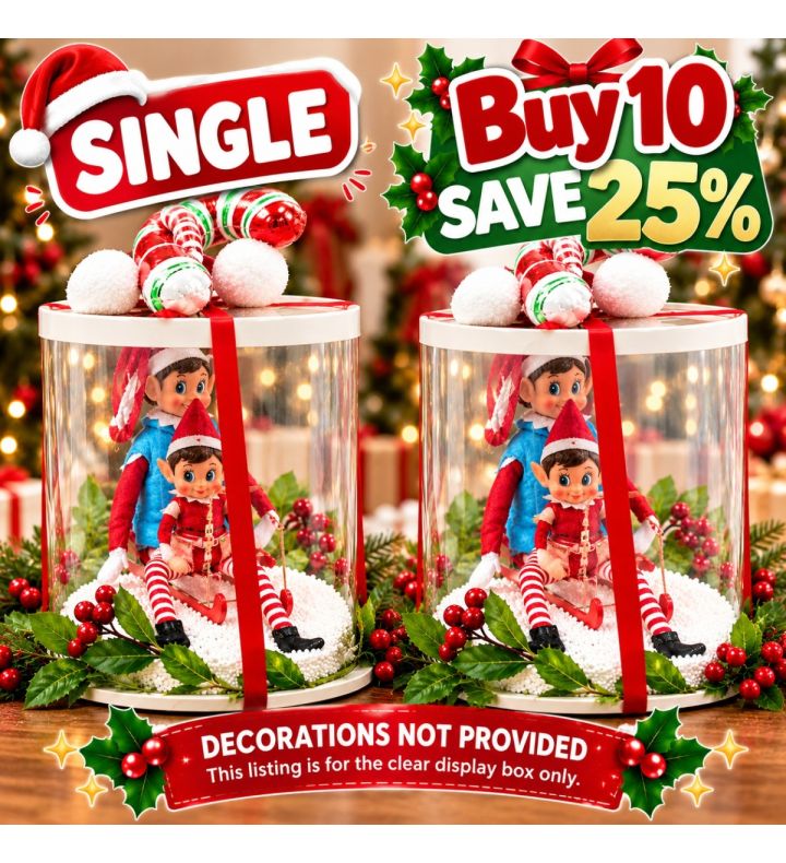 Clear Transparent Round Cake & Display Box with Lid & Base 26cm dia x 25cm high – Christmas Elf Arrival