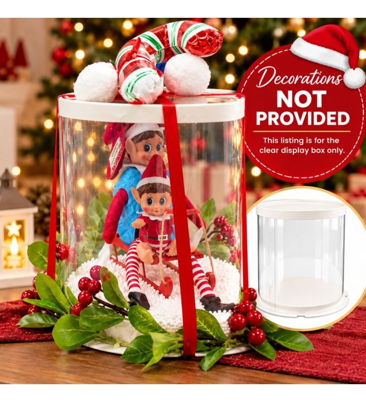 Clear Transparent Round Cake & Display Box with Lid & Base 26cm dia x 25cm high – Christmas Elf Arrival, Balloons & Gifts