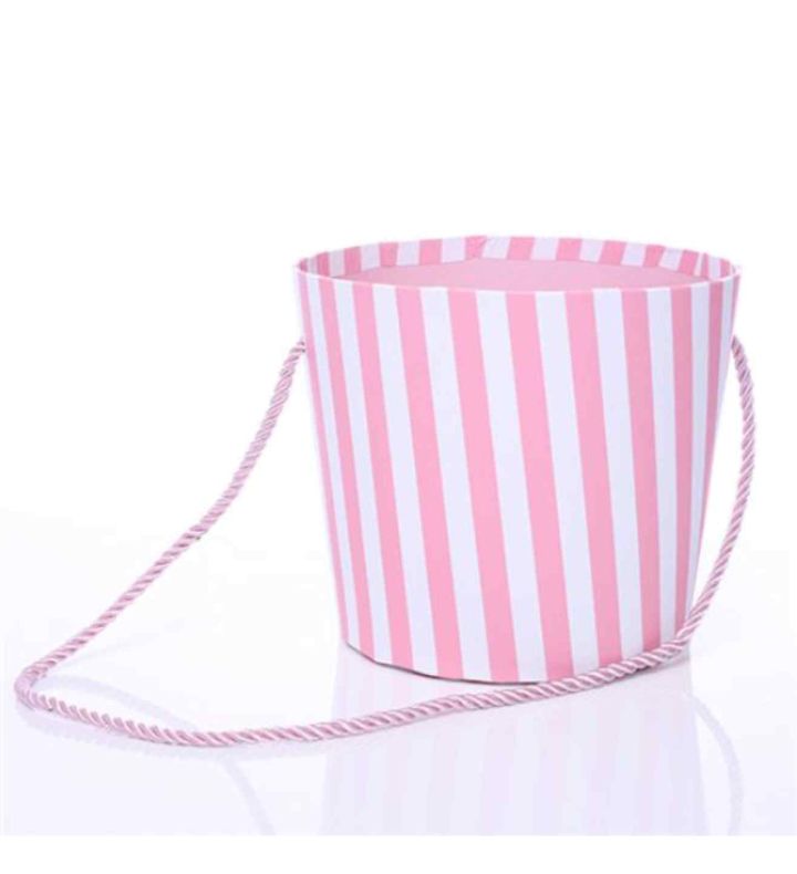14cm Round Cardboard Floral Pot With Rope Handle - Striped Pink/White