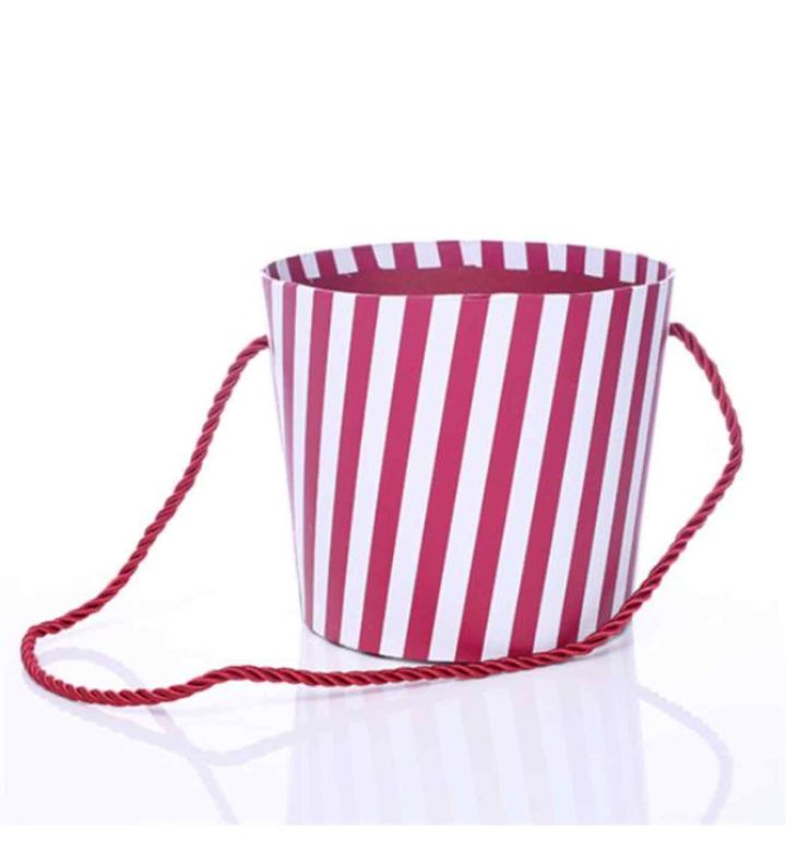 14cm Round Cardboard Floral Pot With Rope Handle - Striped Dark Red/White