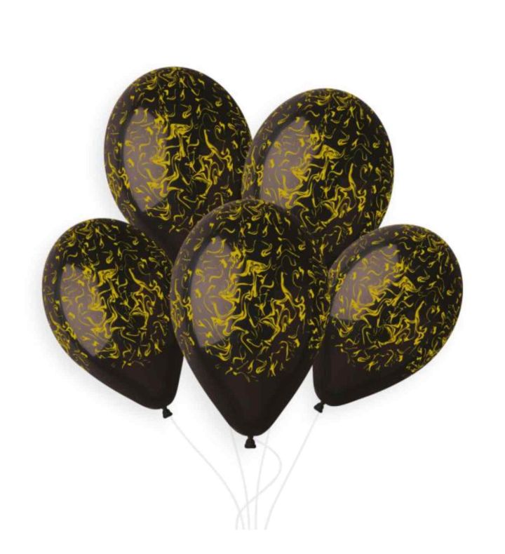 13" Gemar Black w/ Gold Marble Latex Balloons 50ct