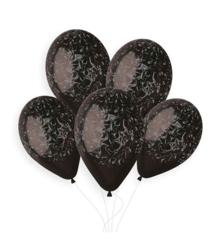 13" Gemar Black w/ Silver Marble Latex Balloons 50ct