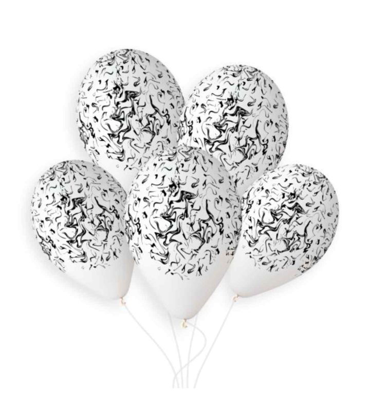 13" Gemar White w/ Black Marble Latex Balloons 50ct